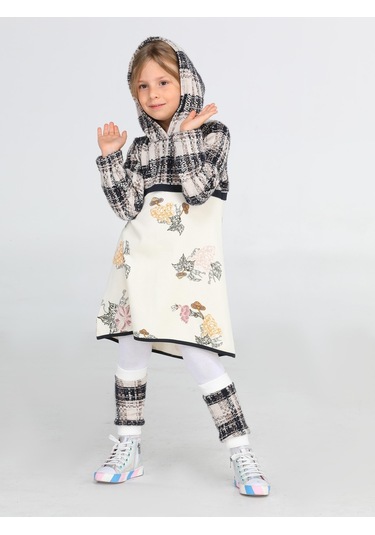 Ekose Baskılı Hoodie Kız Elbise + Tozluk Takım-gri Gri