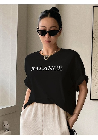 Kadın Siyah Oversize Balance Baskılı Örme T-shirt Siyah-58466