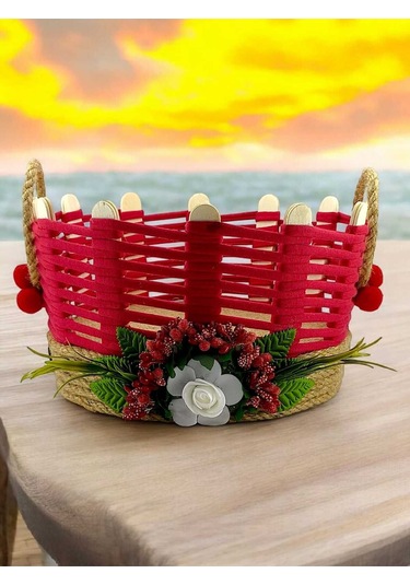 Hasır Sepet Çok Amaçlı Organizer Takı Kutusu Komodin Banyo Kullanımı Kırmızı