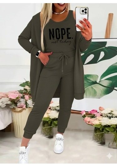 Tua Moda Kadın Askılı Yuvarlak Yaka Yazılı Viskon Iki Iplik Bluz Ceket Ve Pantolon 3lü Takım Haki