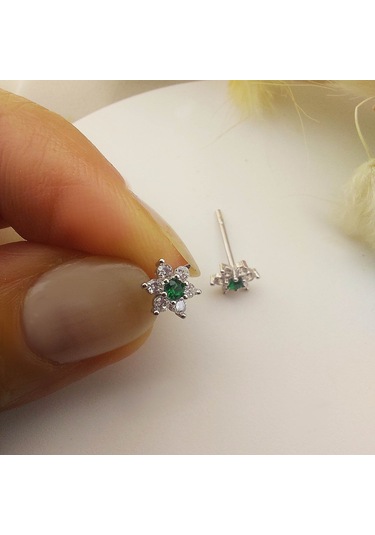 925 Ayar Gümüş Yeşil Taşlı Minimal Lotus Küpe Gümüş