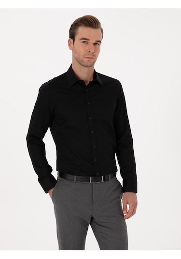 Cacharel Siyah Slim Fit %100 Pamuk Klasik Gömlek