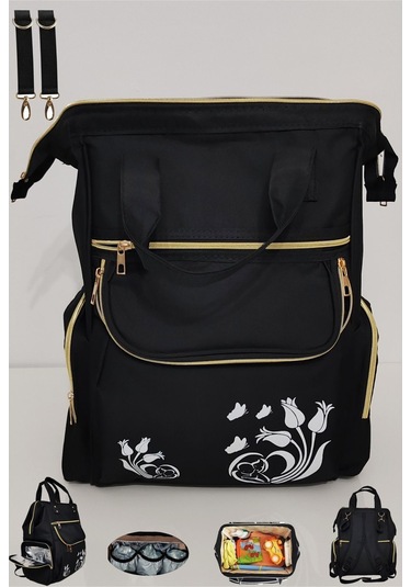 Bebek Bakım Çantası Organizatör Fonksiyonel Lüx Anne Bebek Bakım Sırt Çantası Lal Siyah