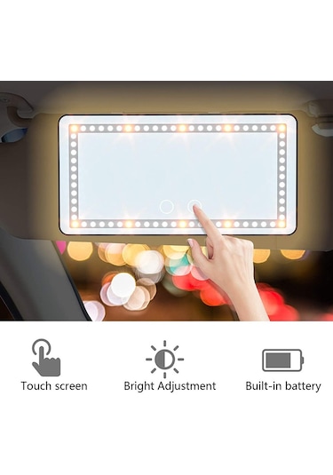 Araba Güneşlik Ayna Usb Şarj Edilebilir Kozmetik Makyaj Aynası 3 Işık Modlu Dokunmatik Ekran - Beyaz