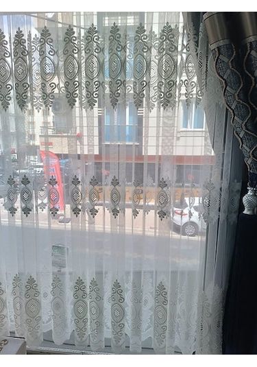 Raporlu, Nakışlı, Kırışma Yapmaz 1/3 Sık Pile Ekru Tül Perde