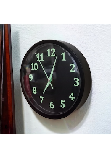 Fosforlu Gece Parlayan Siyah Salon Mutfak Ofis Duvar Saati 22 Cm Siyah