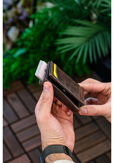 Otomatik Mekanizmalı Deri Cüzdan Kartlık Portföy Crazy Kahverengi