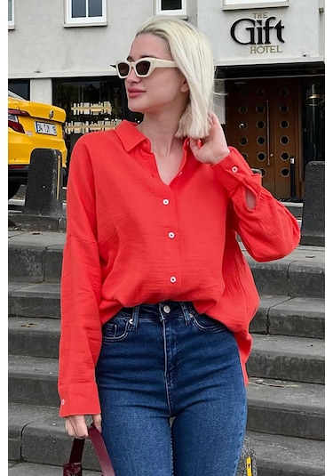 Madmext Kırmızı Muslin Kumaş Basic Kadın Gömlek Mg1660-kırmızı Kırmızı