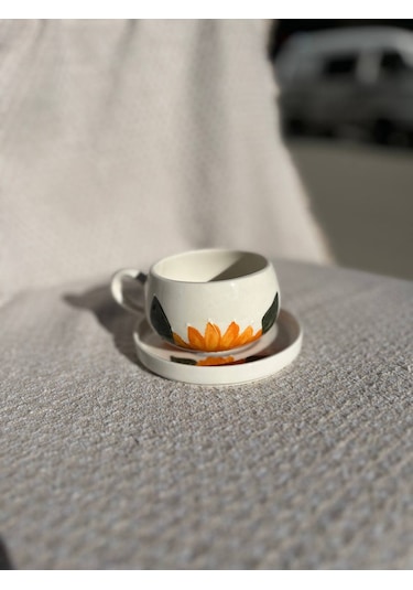 El Yapımı Seramik Kupa, Mug, Türk Kahvesi Bardağı Çiçek Desenli