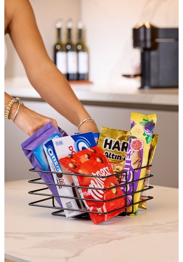 Siyah Çok Amaçlı Oval Köşeli Kare Sepet - Metal Paslanmaz Siyah