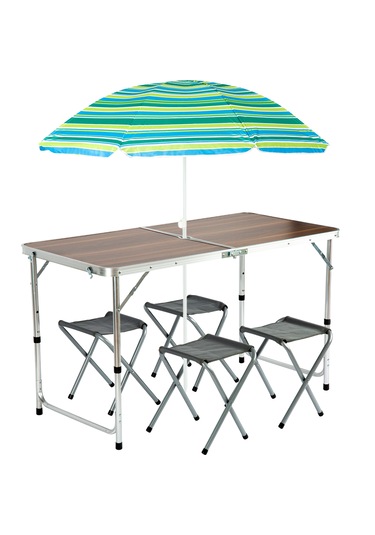 Funky Chaırs Şemsiyeli Tabureli Katlanabilir Piknik Masası Seti - Kahverengi