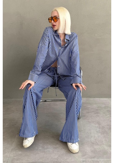 Madmext Lacivert Çizgili Gömlek Pantolon Kadın Takım Mg2457 Lacivert