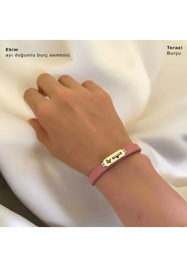 Archin Ekim Ayı Doğumlarına Kelebek Motifli 14 Ayar Altın Plakalı Koyu Pembe Derili Hediye Bileklik-654ay Ekim