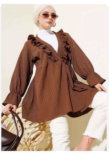 Lovie Moda Kadın Yaka Fırfırlı Kimono Kahverengi