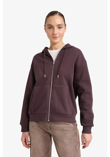 Defacto Relax Fit Kapüşonlu Basic Düz Kalın Fermuarlı Sweatshirt C1809ax25aubn340 Kahve-bn340