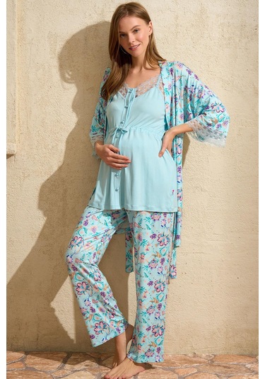 İp Askılı V Yaka Kadın Çiçek Desenli Yazlık Dantel Detaylı Hamile Pijama Takımı Sabahlık