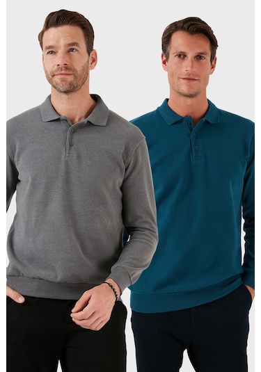 Buratti Pamuk Karışımlı Regular Fit 2'Li Paket Erkek Polo Yaka Kazak 456223S2 Koyu Gri-Petrol