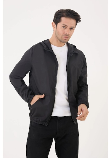 Erkek Kapüşonlu Su Ve Rüzgar Geçirmez Cepli Astarlı Oversize Yağmurluk Siyah