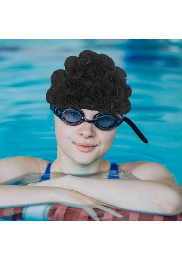 Suntek Yüzme Şapkası Çiçek Yaprakları Trendy Plaj Siyah