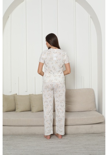 Kadın Örgü Kumaş Blue Flower Pattern Kısa Kol Pijama Takımı Sarı