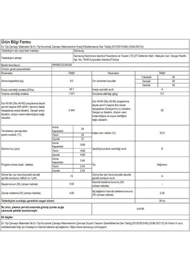 Samsung  WW90CGC04DAEAH 9 KG 1400 Devir Çamaşır Makinesi