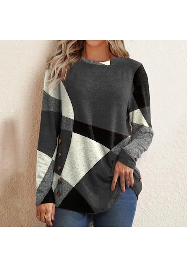 Gri Kadın Gevşek Üstleri Gömlek Uzun Kollu Kadın Rahat Bluzlar Bayan T-shirt Üst 3xl Gri