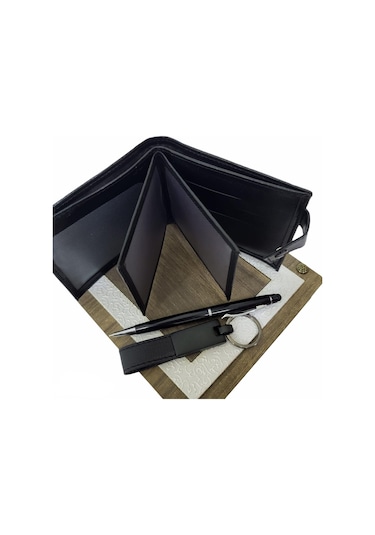 Ahşap Deri Kutulu Siyah Renk 3'lü Hediye Seti - Kalem, Cüzdan, Anahtar