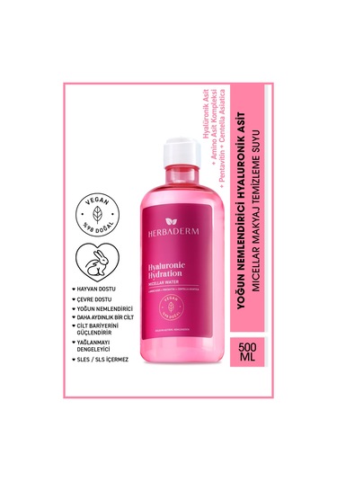 Herbaderm Hyaluronic Hydration Yoğun Nemlendirici Micellar Makyaj Temizleme Suyu 500 ML