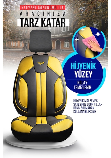 Siyah - Sarı Panda Carlone Serisi Ful Deri Oto Koltuk Kılıfı - Tam Set