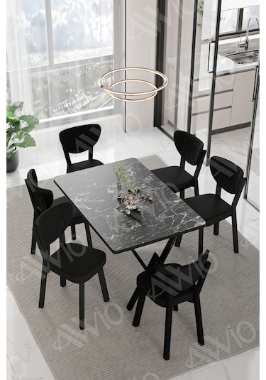 Avvio Mida Elma Sandalye 80x140 Yemek Masası Mutfak Masası 6 Kişilik Masa Sandalye Takım Siyah Mermer