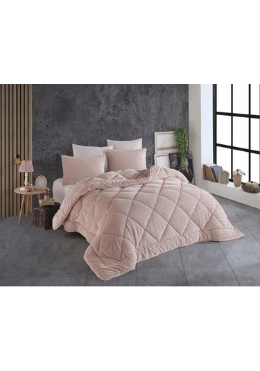 Comfort Yorgan Seti Çift Kişilik Stripe Pudra Pudra