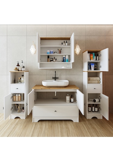 Oval Lavabolu Mdf 100 Cm Çekmeceli Banyo Dolabı Atlantik Çam - Beyaz