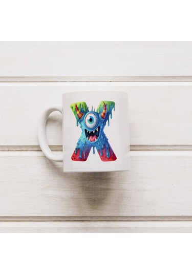 X Harfi Bardak, Sevimli Canavarlar Harflı Bardak Hediyesi Porselen Beyaz