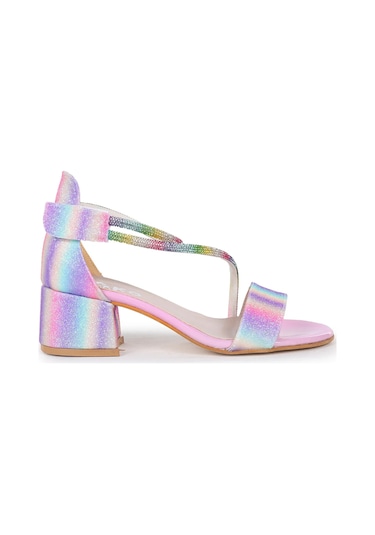 Ayakkabımood Simli Kız Çocuk 4 Cm Topuklu Sandalet Abiye Ayakkabı Gökkuşağı