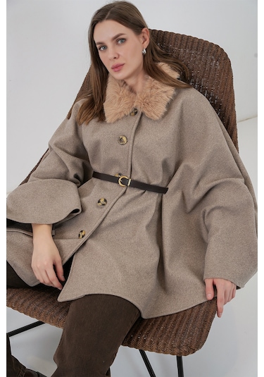 Kadın Kemerli Kaşe Panço 9165 - Taş Taş