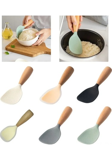 Fosenze Yemek Grubu Silikon + Ahşap Pişirme Kaşığı, Isı Dayanıklı, Dikey Konumlanabilir, Gri Renk, 1 Adet Pirinç Ve Yemek Servisi İçin