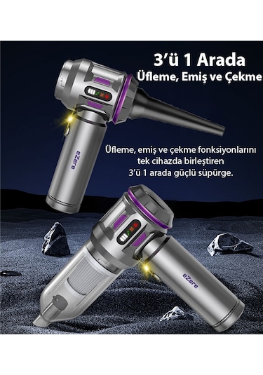 Ezere 16000pa Güçlü Dijital Göstergeli Vakumlu Kablosuz Üflemeli Mini Araç Süpürgesi Gümüş