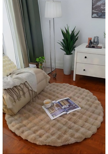 Bubble Yuvarlak Vizon Uzun Tüylü Yumuşak Peluş Kaymaz Yıkanabilir Salon Oturma Odası Balkon Halısı