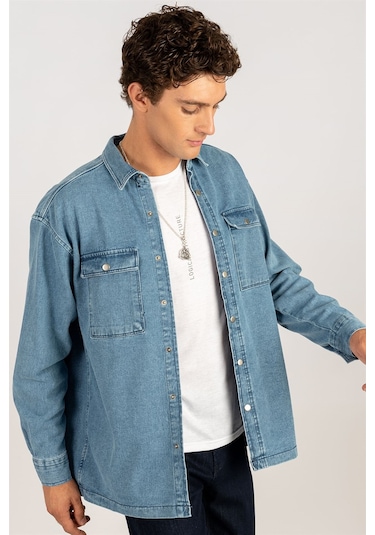 Tudors Oversıze Denim Çift Cep Kapaklı Çıtçıtlı Erkek Kot Gömlek-24982 Mavi
