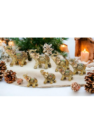 Lüks İşlemeli 7li Bereket Fil Biblo Hediyelik Dekoratif Ürün Konsol Vitrin Süsü Ev Yılbaşı Hediyesi4