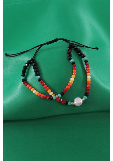 2li İncili Asansörlü Kombin Bileklik. Boncuk Bileklik, İp Bileklik, Halhal Bileklik. Kadın Bileklik. Çok Renkli