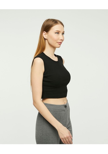 Bella Dossi Rahat Siyah Kaşkorse Kolsuz Sıfır Yaka Kadın Crop Top Siyah