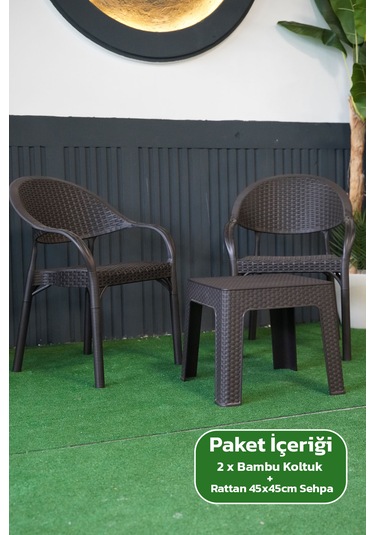 Bambu Rattan Görünümlü Sehpalı Set 2 Adet Koltuk + 45 Cm Sehpalı Sandalye Seti Kahverengi