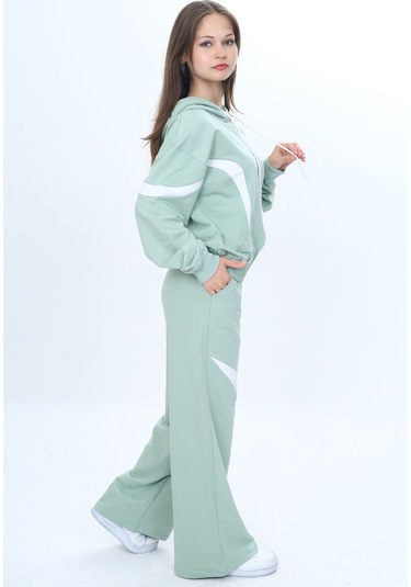Kız Çocuk %100 Pamuk Garnili Kapüşonlu Fermuarlı Oversize Alt&üst Trend Eşofman Takımı-315-eşt-0003 Su Yeşili