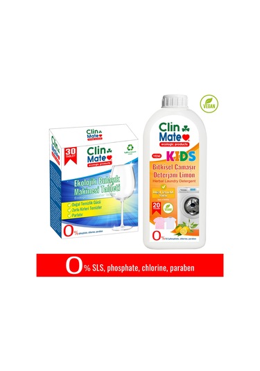 Clinmate Ekolojik Bulaşık Makinesi Deterjanı 30 Tablet + Bitkisel Çocuk Çamaşır Deterjanı 750 ML