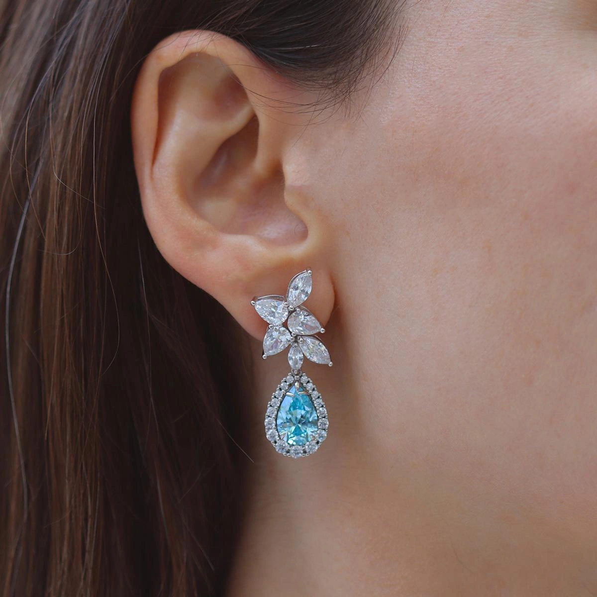 Damla Aquamarine Çiçek Gümüş Küpe Gümüş