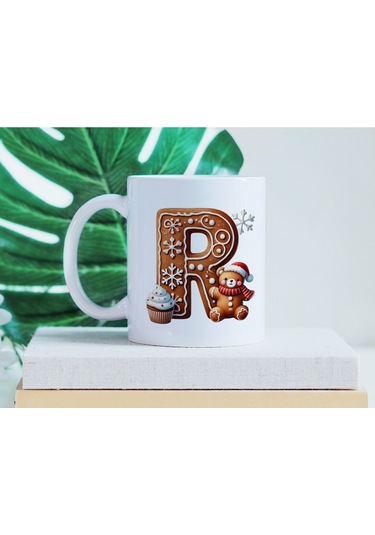 R Kurabiye Harf Ve Ayıcık Detaylı Kupa Bardak - Yeni Yıl / Yılbaşı Temalı Tasarım - Noel Hediye Beyaz