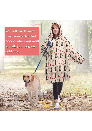 Doberman Desenli Giyilebilir Battaniye Hoodie, Unisex, Kalın, Cepli-a3 Doberman Heart Layered