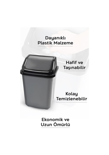 Kapaklı Plastik Çöp Kovası - Ev Ofis Banyo Mutfak Çöp Kovası Gri 20 Litre Gri
