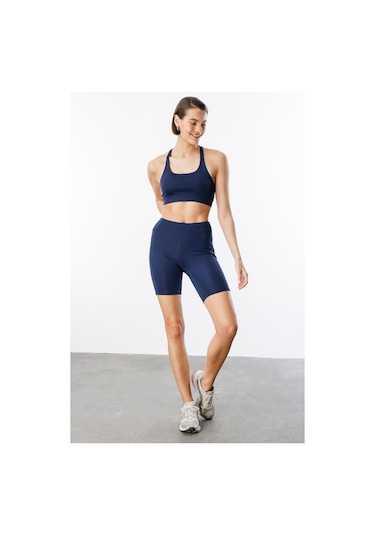 Yüksek Bel Toparlayıcı Çift Cepli Biker Şort Kısa Spor Tayt Kısa-tayt Lacivert